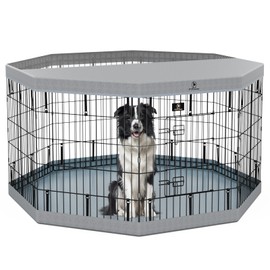 PJYuCien Dog Playpenr，8 Panels 30”H Dog Playpen with Gery Bottom Pad and Grey Top Cover，Metal Foldable Dog Exercise Pen for Indoor，Better for Medium Animals,Black