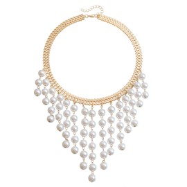 Elegant Pearl Tassel Cascade Choker Necklace for Women Dainty Pearl String Beads Cluster Necklace Jewelry Chunky Gold Chain Layered Choker Trendy Statement Necklaces (Gold/White)