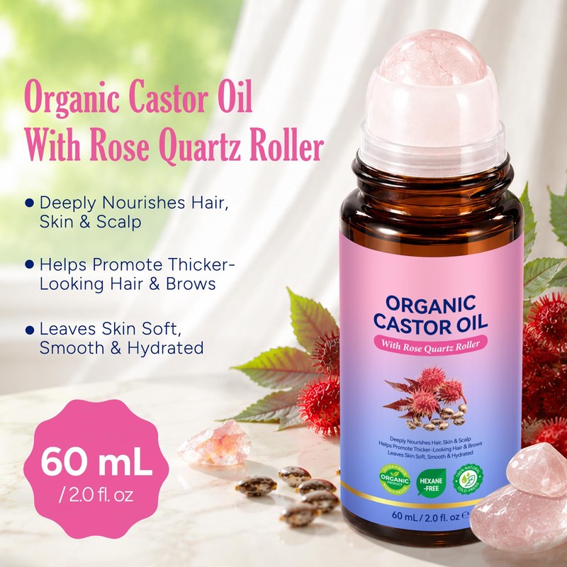 Organic Castor Oil Rose Quartz Roller Ball, 100% Pure Cold-Pressed