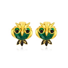 ABIGY Owl Earrings 925 Sterling Silver Animal Earrings Gold Owl Stud Earrings Green Zircon Earrings Owl Jewellery Gift Earrings for Women, Sterling Silver, Cubic Zirconia