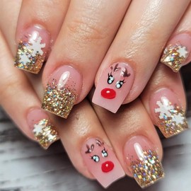 Christmas Press on Nails Cute Elk Charming Little Mouth Glue on Nails Short Square Fake Nails Glitter French Design White Snowflake Full Cover False Nails Winter Pink Xmas Stick on Nails for Women