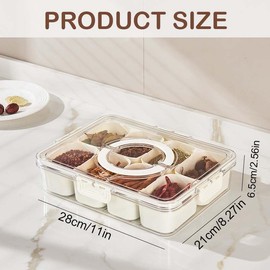 FANMHY Divided Serving Tray with Lid and Handle, Portable Snack Platters Organizer with 8 Compartments, Reusable Plastic Appetizer Tray Good Sealing Snack Divided Platter for Nut Candy Snacks