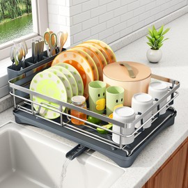 SAYZH Dish Drying Rack - Stainless Steel Dish Rack for Kitchen Counter, Large-Capacity Dish Drainer with Cutlery Holder, Kitchen Organizer for Dishes, Spoons and Forks, Silver
