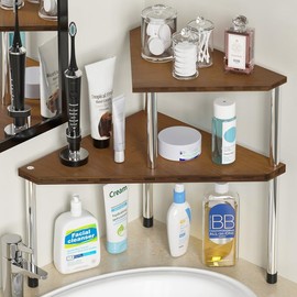 Weenson Bathroom Organizer Countertop, Bathroom Sink Organizer for Toiletries, Makeup, Skincare, Bamboo 2 Tier Corner Bathroom Counter Organizer, Kitchen Countertop Organizer for Spice Rack (Brwon)