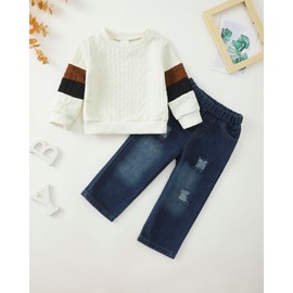 XUANHAO 18 Months Boy Clothes Toddler Outfits Winter Clothing Boys 18 Month Long Sleeve Crew Neck Beige Knitted Sweatshirt Pullover Ripped Denim Pants Fall 18-24 Months Boy Clothes