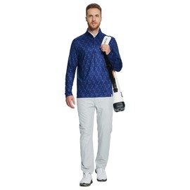 Rouen Sudadera con cierre de un cuarto para hombre, ajuste seco, cuello simulado, cepillado, casual, deportes, golf, para hombre, con cierre de 1/4, Marina Blue Geo, M