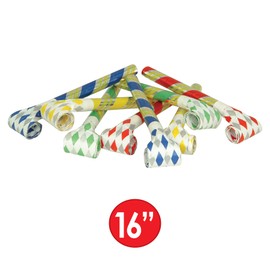 Beistle Pack of 16 Super-Tube Noiseless Blowouts in Red/Yellow/Green/Blue/White/Grey, Novelty Party Favors for Birthday Parties, Party Supplies, 16"