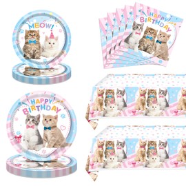 Cat Birthday Party Supplies,62pcs Cat Party Decorations&Tableware Set-Kitten Birthday Party Decorations Dinner Plates Dessert Plates Napkins Tablecloth etc Cat Themed Birthday Party Supplies