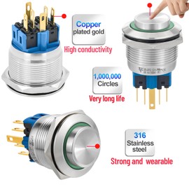 25MM Momentary Push Button Switch High Round Head 2NO2NC DPDT SPDT Stainless Steel Shell with 12V LED Angel Eye Ring Suitable for 0.98" Mounting Hole with Wire (Green, High Head)