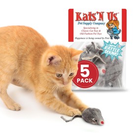 Kats'N Us Real Rabbit Fur Mouse Cat Toy Pack - Interactive Gray Mice for Indoor Cats and Kittens - Rattle Sound - Cat Entertainment - 5 Pack Gray