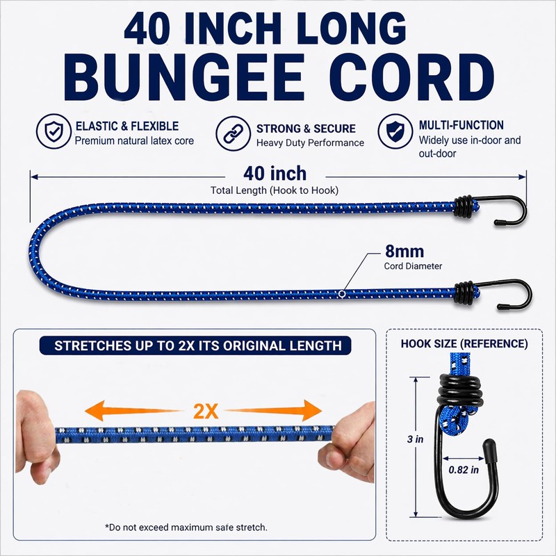 40 inch Bungee Cords with Hooks, 4 Pack Outdoor Heavy