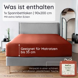 Bambaw Fitted Sheets 90 x 200 cm Bamboo, 35 cm Base Height, Antibacterial for Allergy Sufferers, Cool Bed Sheet, Breathable, Soft Fitted Sheets 90 x 200 cm Summer, Oeko-Tex Certified (Terracotta)