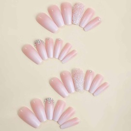 IMSOHOT Press On Coffin Long Pink Gradient Ballerina Acrylic False Nails with Luxurious Rhinestone Design - Full Cover Glue On Nails, 24 Pcs, Glossy, Reusable for Wedding, Birthday