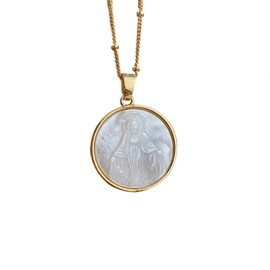 PELEIFA Mary Cadena Virgen De Maria Mother of Pearl Necklace 14K Gold-Plated Medal Cubic Zirconia Necklace, Faith Necklace, Agate