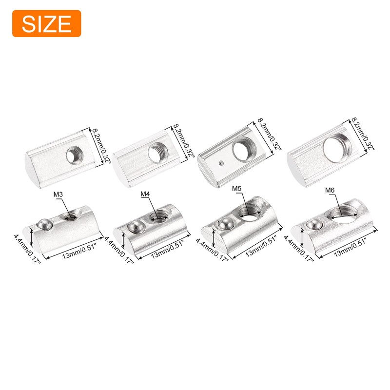 sourcing map 80Pcs M3/M4/M5/M6 T Spring Nut Half Round T