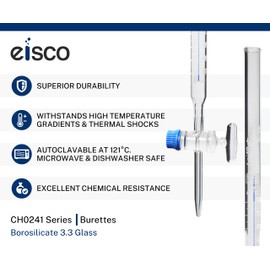 EISCO Lab Burette, 50mL - Schellbach Design for Accurate Miniscus Reading - Class B - 0.1mL White Graduations - Glass Stopcock - Borosilicate Glass Buret
