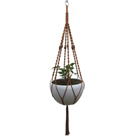 6 Legs Macrame Natural Jute and Cotton Plant Hanger & Holder and Metal Ring, 51-inches Length (Without The White Pot and Plant) (Brown)