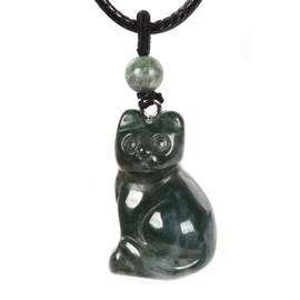Justinstones Natural Moss Agate Carved Cat Necklace 30mm Cute Animal Pendant Necklace Jewelry Gift 22 inch