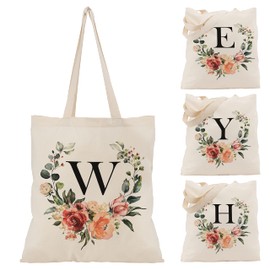Floral Initial Tote Bag - 15'x16' Canvas Bags for Women - Bridesmaid Hen Party Shopping Large Bag Teacher Birthday Gift C2 (Initial #W)
