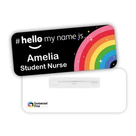 Customised Print Hello My Name is Badge Black Corner Rainbow Design Student Doctor Midwife NHS GP Healthcare Assistant Nurse Practitioner Clinical Medical 76 x 32 mm