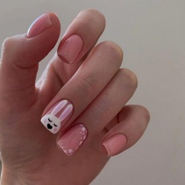 Easter Press on Nails Short Square SWEKKE Pink Fake Nails False Nails with Designs Cute Bunny Flower Full Cover Glossy Glue on Nails Spring Stick on Nails for Women Girls 24 Pcs
