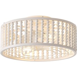 Liokoc Ceiling Fans with Lights and Remote - Bulbs Included, Caged Fandelier with Handcrafted Beaded Décor 19 inches Reversible Flush Mount Installation Ceiling Fan, Off-White