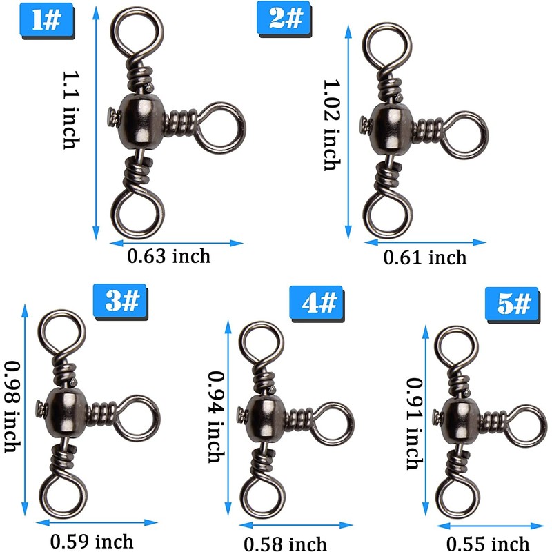 Three 3 Way Barrel Fishing Swivels Cross-Line - 60pcs T-Turn