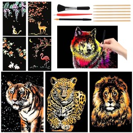 Muyohix Pack of 8 Scratch Pictures for Adults Scratch Art Set Magic Rainbow Scratch Paper A4 Scratch Painting DIY Crafts Adults and Children with 6 Scratch Tools for Birthday Gift (Animals)