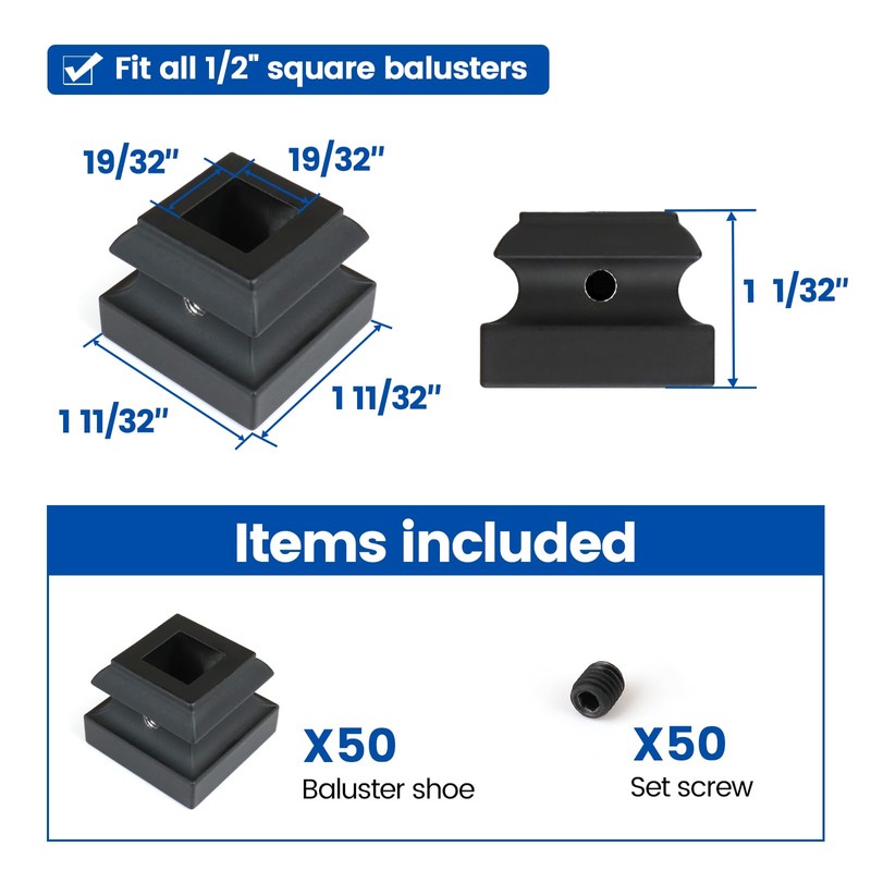 Muzata 50Pack Baluster Shoes Aluminum Flat Base Shoe for 1/2"