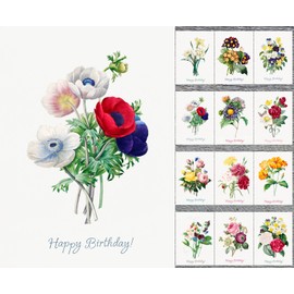 PIXILUV HAPPY BIRTHDAY FLOWERS BOUQUET Greetings Cards 12 Large Cards ~ Awesome Beautiful Realistic Garden Flowers Wildflowers by Pierre Redoute ~ Vintage Botannical Book Illustration Museum Art