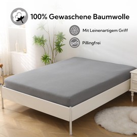 SOULFUL Fitted Sheet 140 x 200 cm, 100% Washed Cotton Flat Sheet up to 25 cm Mattress Height, Breathable with Linen-Like Handle, Oeko-Tex Certified, Smoke Grey