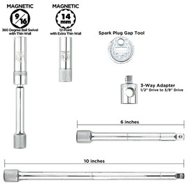 KAIFNT K202 Spark Plug Tool Set, Magnetic 9/16" Swivel & 14mm Thin Wall Sockets, 3/8-Inch Drive, 6-Piece