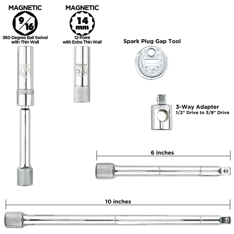 KAIFNT K202 Spark Plug Tool Set, Magnetic 9/16" Swivel &