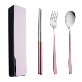 Portable Stainless Steel Flatware Set, Travel Camping Cutlery Set, Portable Utensil Travel Silverware Dinnerware Set with Cover- Spoon, Fork, Chopstick- (Pink)