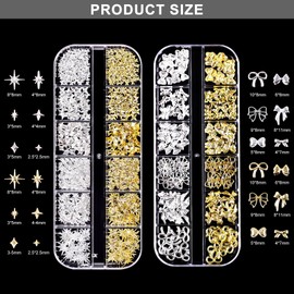 lafo 3 Boxes of Nail Charms, 36 Types Nail Charms, Gold Silver Star Bows, Nail Charms Rhinestones, Charms Nails in White Pearl, Beige and White Pearls as Nail Art for Nail Design Accessories