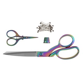 The Quilted Bear Rainbow Dressmaking Set - Rainbow Premium 25.5cm Dressmaking Shears/Heavy Duty Scissors, 11.5cm Nail Scissors/Embroidery Scissors, Sewing Thimble & Dressmaking Pins Sewing Set