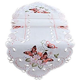 Raebel OHG Tablecloth 40 x 140 cm Oval Champagne Butterflies Red Colourful Embroidered Table Runner Cover Spring Summer (40 x 140 cm)