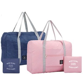 2PCS Foldable Travel Bag Luggage Storage for Sports Gym Water Resistant Nylon Canvas Duffel for Men, Women 32 Liter （Blue+Pink）