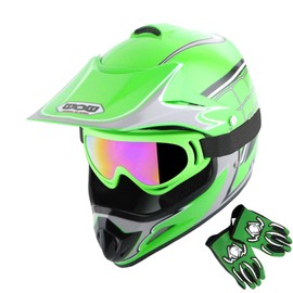 WOW Youth Motocross Helmet BMX MX ATV Dirt Bike Helmet Spider Web Green + Goggles + Martian Skull Green Glove Bundle