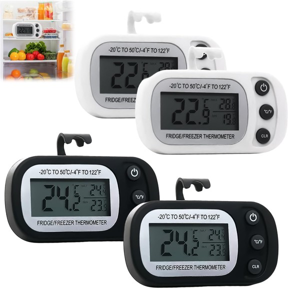 Pack of 4 Fridge Thermometers: Digital Fridge Thermometer with Hook Freezer Thermometer with Easy-to-Read LCD Display Waterproof Thermometer Fridge for Home Restaurants Kitchen