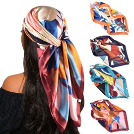 JSTHHTT 90 x 90 cm Large Square Scarves, 4 Pieces Bandana, Head Scarf Women's Summer Silk Headscarf Bandanas Hair Scarf Hair Accessories, multicoloured
