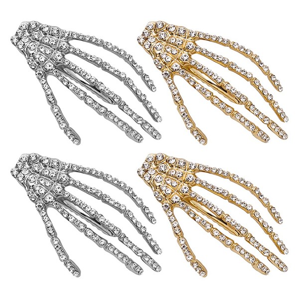 Lurrose Set of 4 Rhinestone Skeleton Hand Hair Clips Zombie Claws Hair Clip Skull Hand Punk Rock Horror Bobby Pin Halloween Hair Accessories for Women Girls Gold Silver