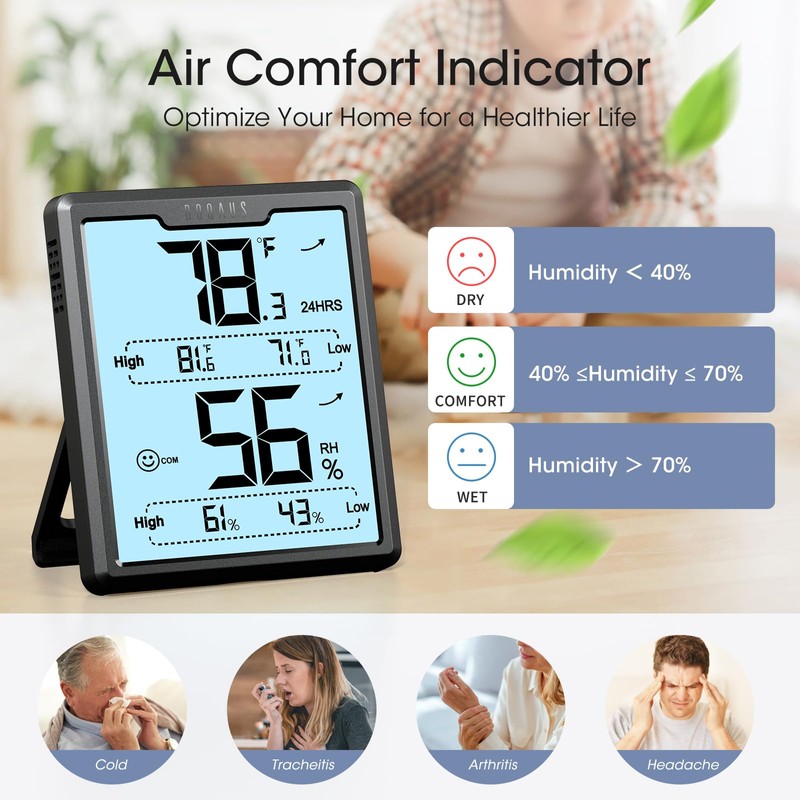 DOQAUS Digital Hygrometer Room Thermometer Indoor, Humidity Meter with Large