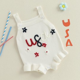 Baby Girl 4th of July Outfit Summer USA Floral Crochet Bubble Romper Bodysuit Newborn Infant Memorial Day Clothes (White, 3-6 Months)