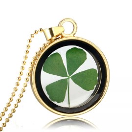 Leaf Natural Real Dried Clover Flower Clear Resin Locket Pendant Necklace Four-Leaf