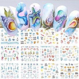 Summer Nail Art Stickers Seashell Water Transfer Nail Decals Ocean Starfish Water Transfer Nail Stickers Marine Nail Art Design Blue Decals for Nail Art Cute Self Adhesive Nail Art Supplies 12Pcs