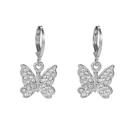 Just Follow Rhinestone Butterfly Drop Gold Hoop Earrings - 9mm, Silver
