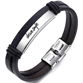 Gleamart Drive Safe Leather Rope Bracelet Stainless Steel Lock Wristband Bangle for Men Women