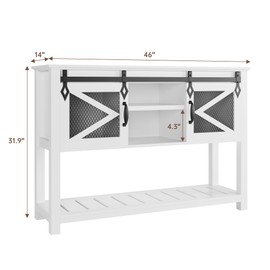 GarveeHome Farmhouse Entryway Table with Sliding Barn Doors, Industrial Rustic Console Tables with Storage and Open Shelf, Sofa Table for Entry Way, Hallway, White