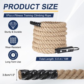 MECCANIXITY Climbing Rope 18ft x 1.5", Gym Climbing Rope Thick Twine Ropes Jute Natural Brown Burlap Cord String Heavy Twisted for Workout Rock Exercise Indoor Outdoor Fitness Training